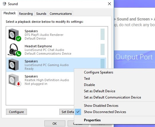 Image showing the process of setting the LS30/31 as the default sound device