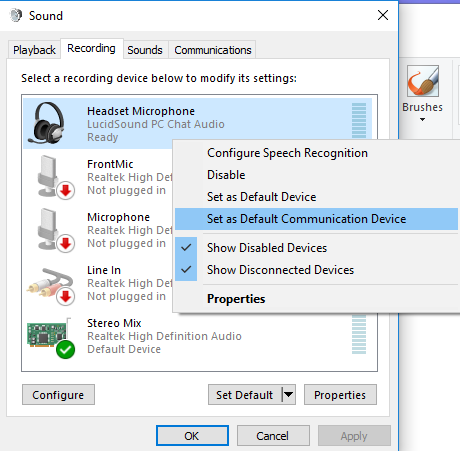 Image showing the process to set the LS30/31 headphones as the default communication device