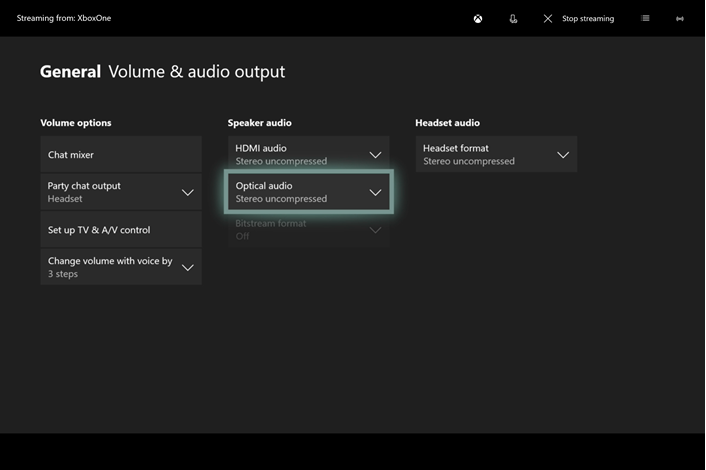 Audio settings on Xbox one and where to change the audio output to optical