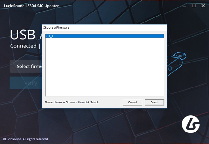 LucidSound updater showing the correct firmware package to pick