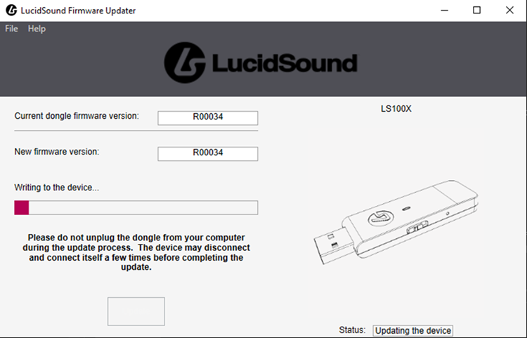 Dongle firmware update in progress, writing to the device